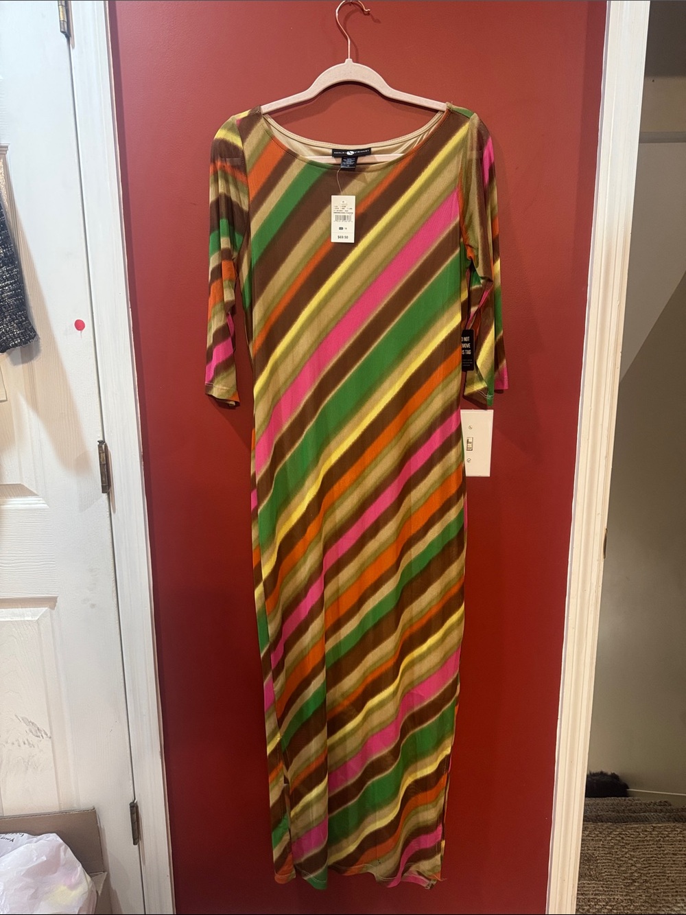 Ashley Stewart Diagonal Stripe Maxi Dress in Green, Pink, Brown & Orange